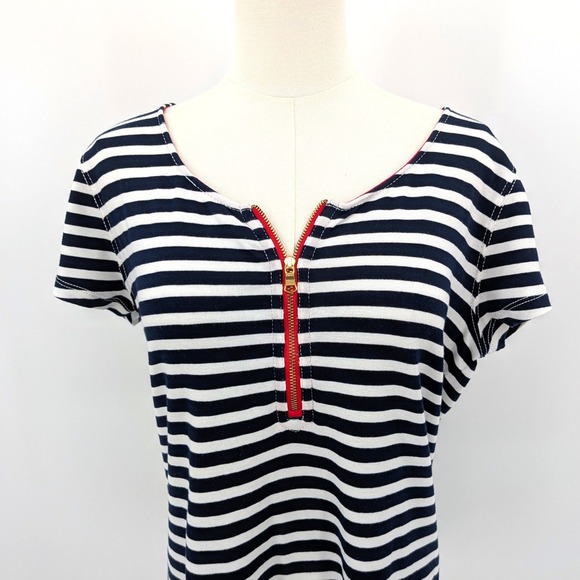 Lauren Ralph Lauren Navy White Stripe Zip Neck Tee Women's XL Nautical Blouse - Picture 5 of 8